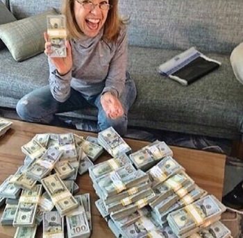 Mavis Wanczyk Lottery Scam - Mavis With Pile of Cash