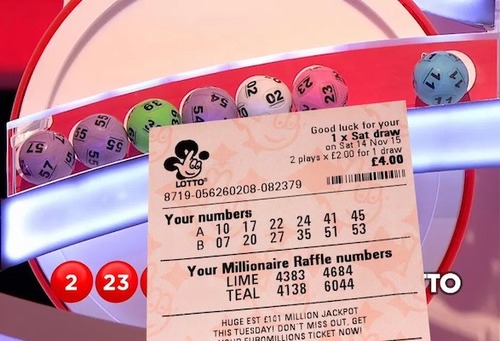 UK Lotto Ticket in Front of Lottery Machine With Balls