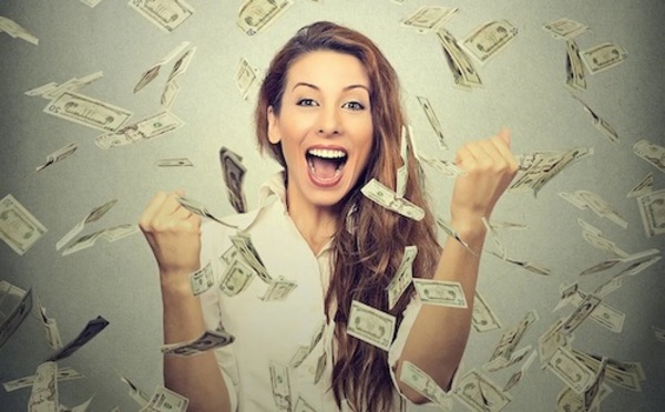 Woman Cheering With Cash Falling Around Her