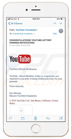 YouTube Lottery Scam Example